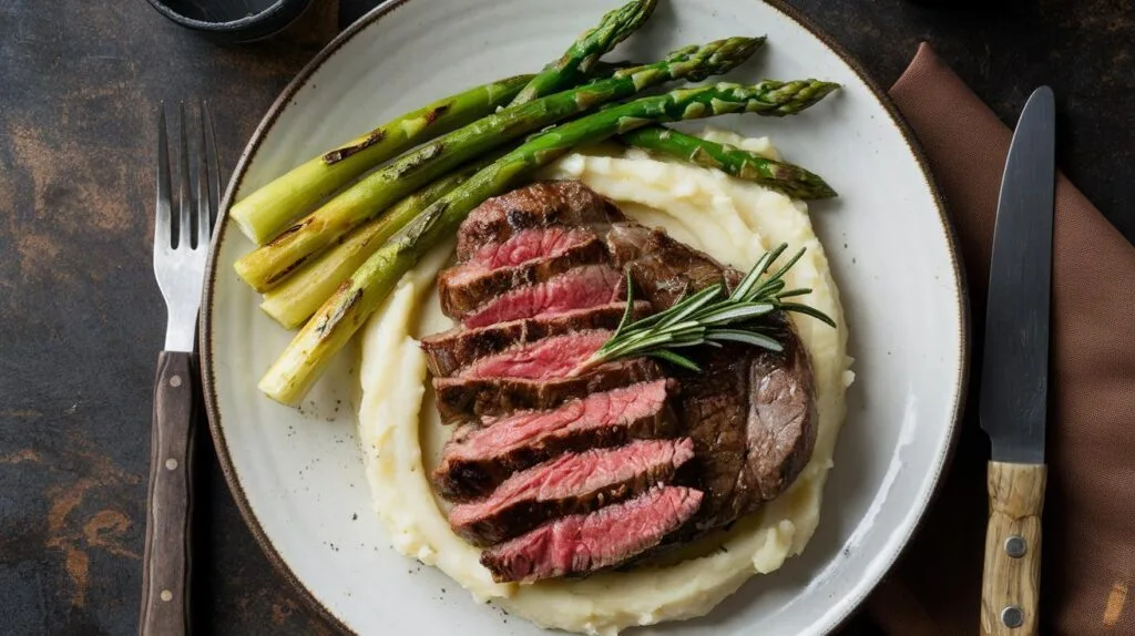 A plated cowboy steak served with mashed potatoes, grilled asparagus, and a garnish of rosemary.