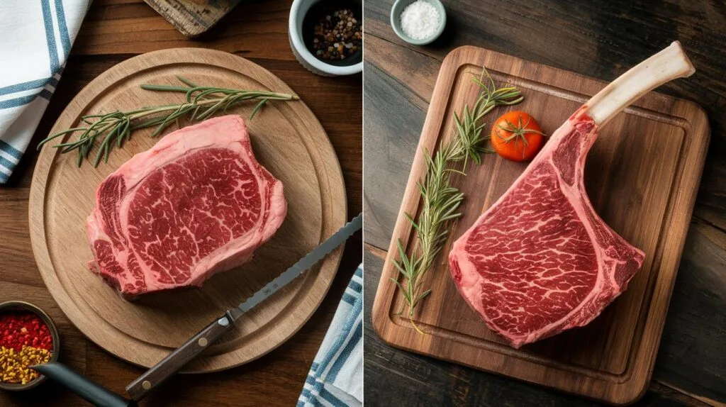 Side-by-side comparison of a cowboy steak and a tomahawk steak, showcasing the difference in bone length and presentation.