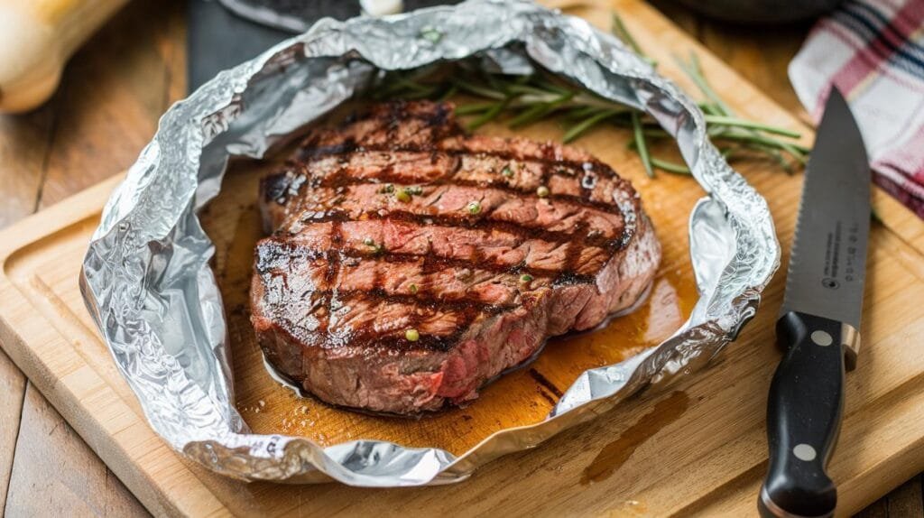 A cowboy steak resting on a wooden board, loosely covered with foil, with juices pooling on the surface.