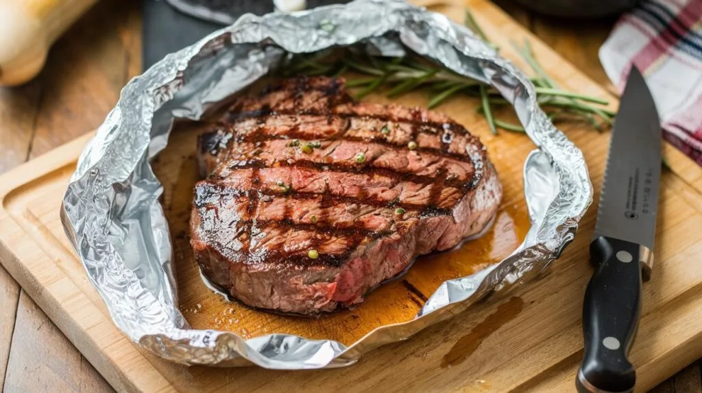 A cowboy steak resting on a wooden board, loosely covered with foil, with juices pooling on the surface.