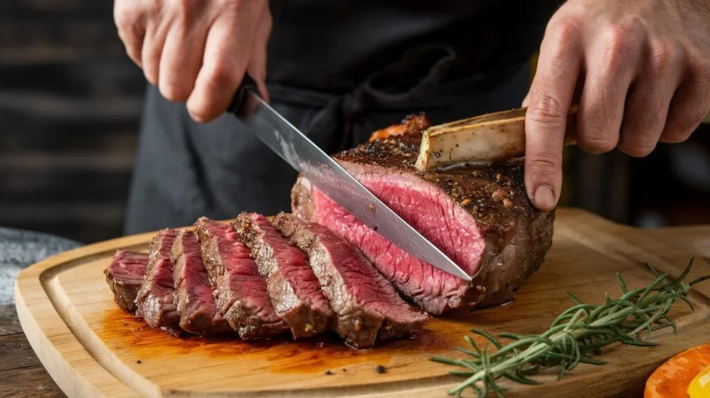 A chef slicing a cowboy steak against the grain, revealing a juicy, pink interior.