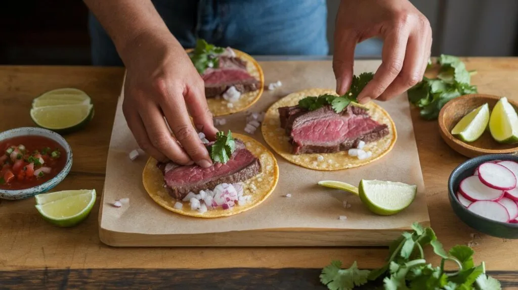 Assembling tacos de lengua with fresh toppings and warm tortillas.