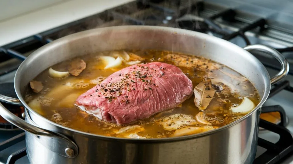 Beef tongue simmering in a pot with garlic, onions, and spices