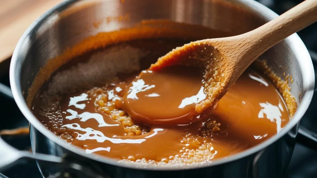 Sugar caramelizing in a pan for Venezuelan quesillo.