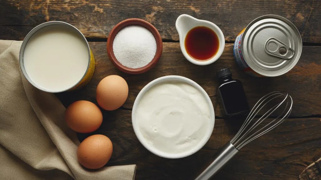 Ingredients for making Venezuelan quesillo, including eggs, condensed milk, and vanilla.