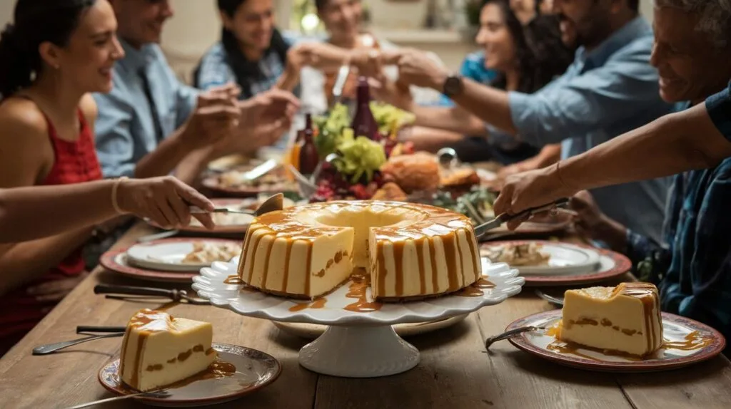 Traditional Venezuelan quesillo served at a family gathering.
