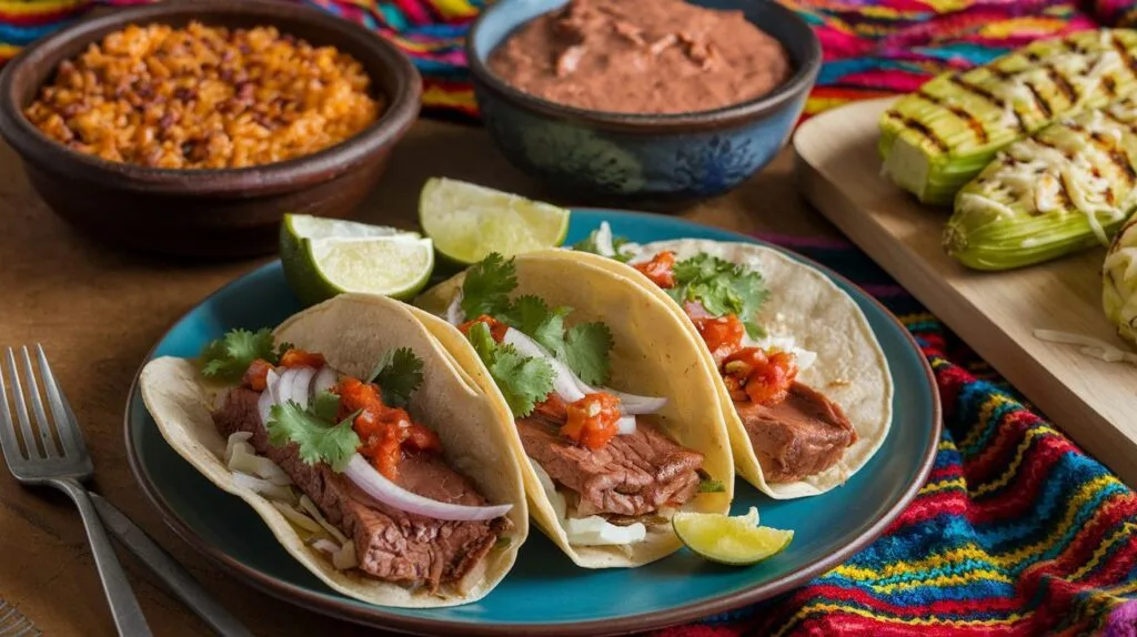 Mexican side dishes served with tacos de lengua.