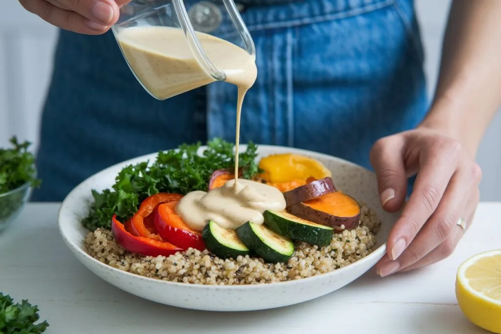 Assembling a quinoa bowl with roasted vegetables.
