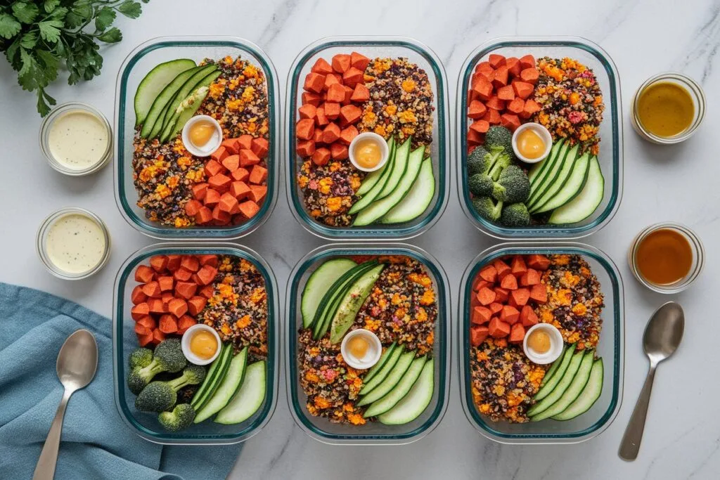Meal-prepped quinoa bowls stored in containers.
