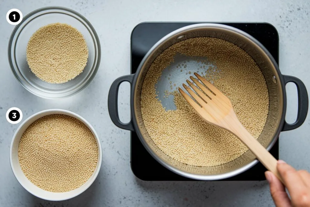 Step-by-step quinoa cooking process.